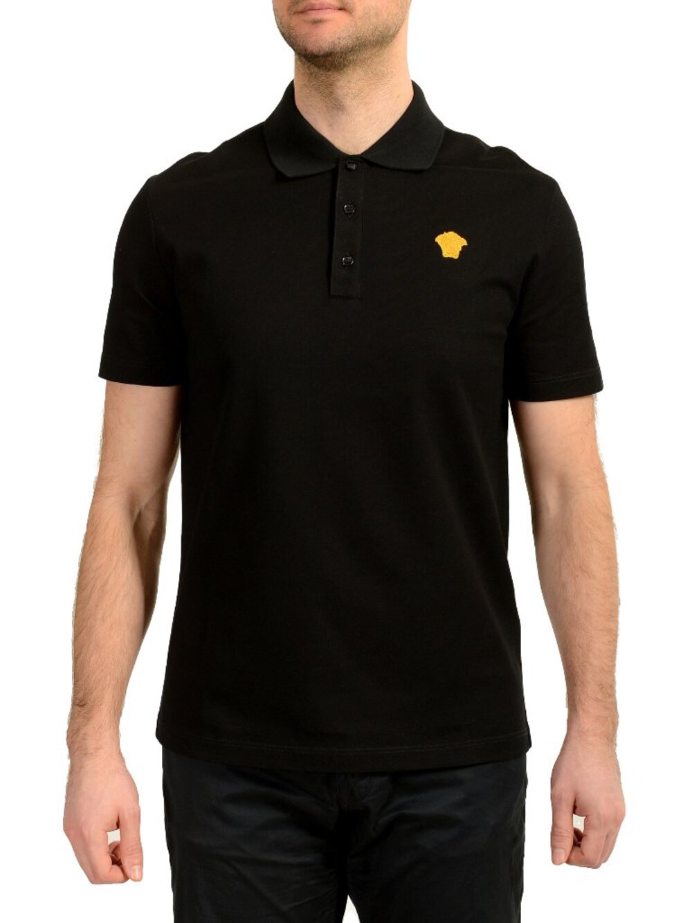 Versace Men's Taylor Fit Gold Logo Embroidery Black Polo Shirt US S IT 48